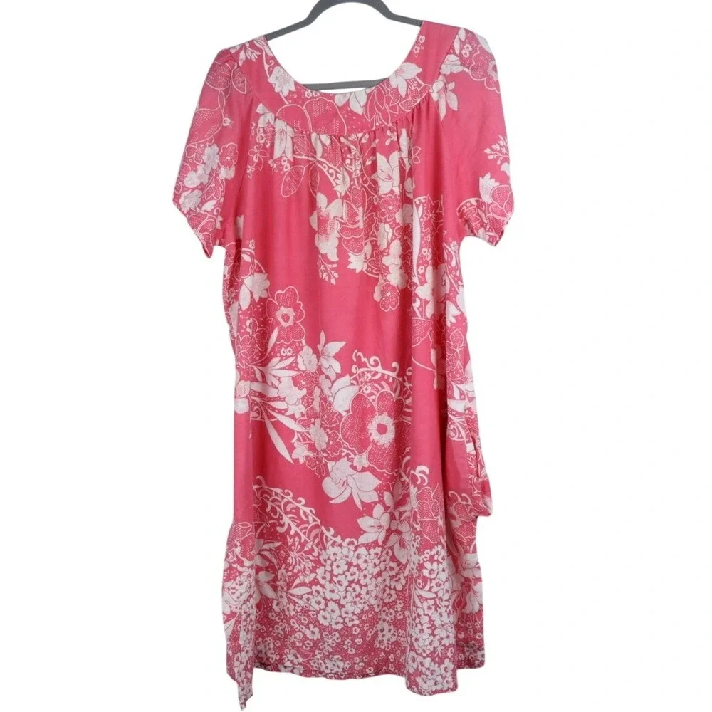 VTG Handmade Pink Floral Muumuu Hawaiian‎ Nightgown Short Sleeve Pocket L/XL